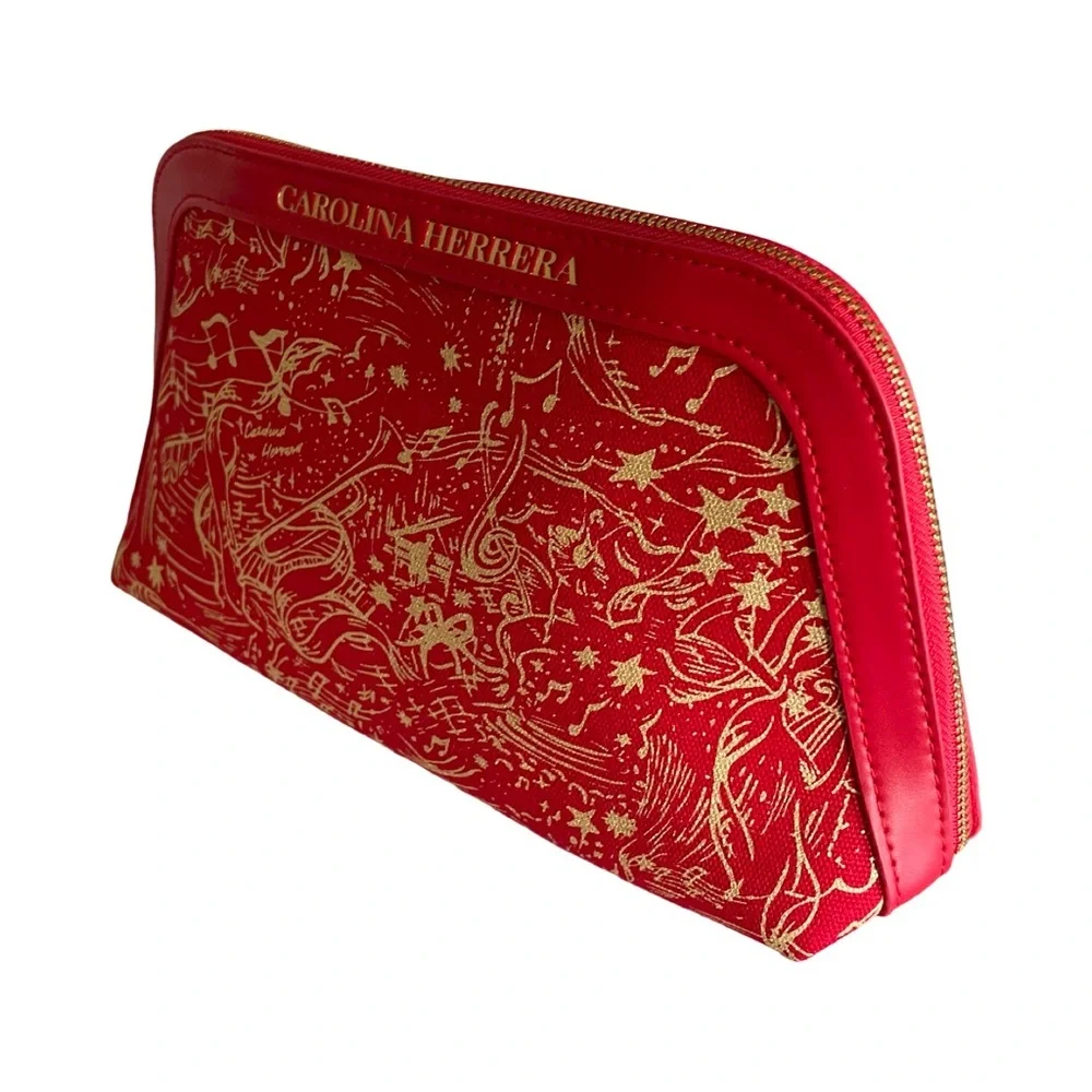 Carolina Herrera Red & Gold Cosmetic Bag Makeup Pouch Zip Travel Case